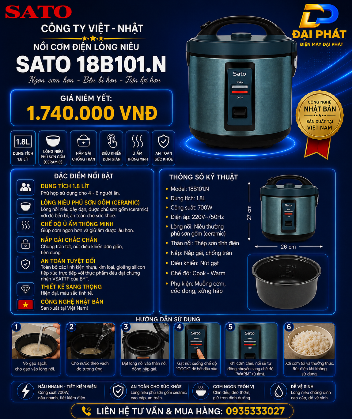 Nồi cơm điện lòng niêu SATO 18B101.N
