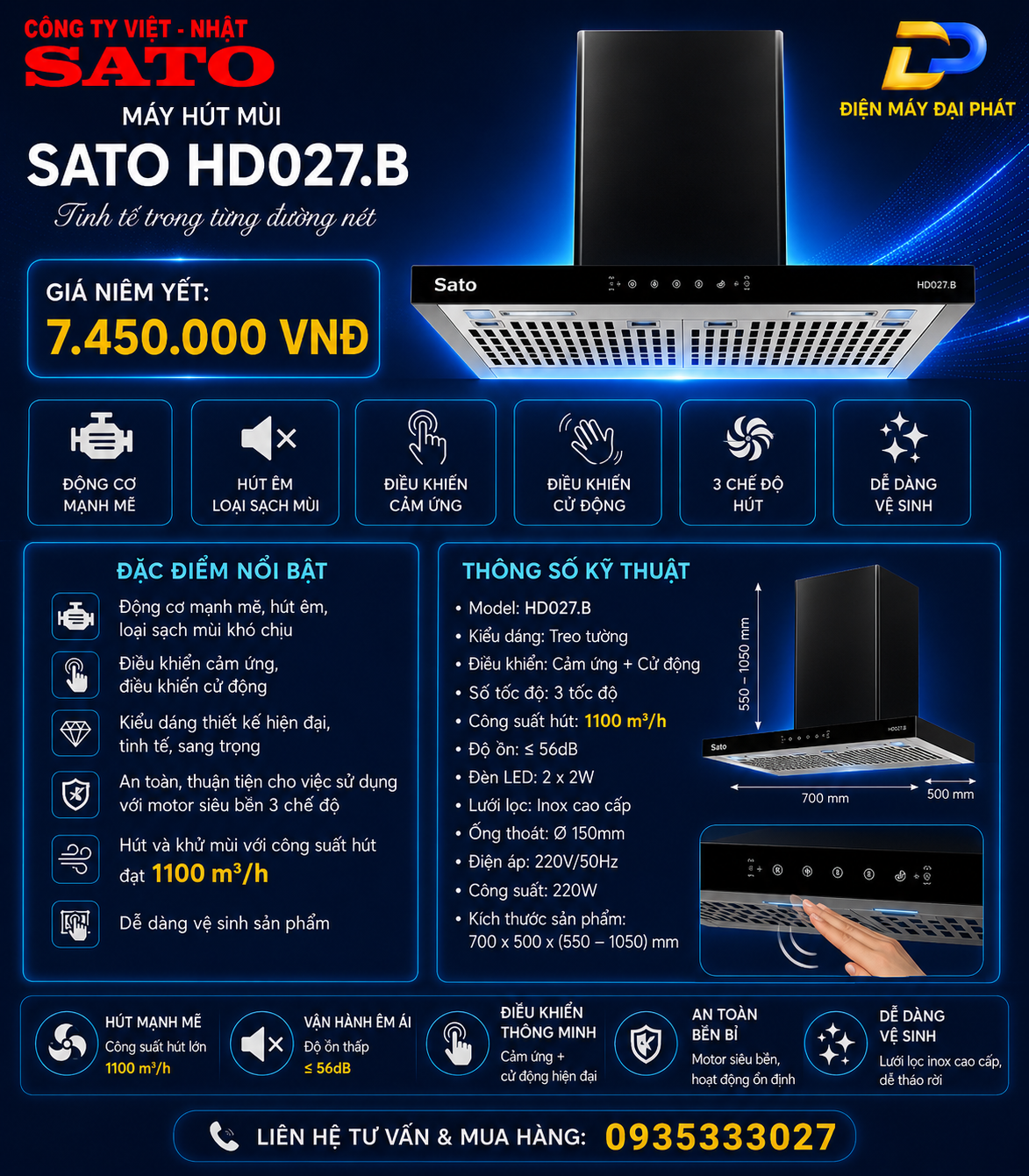 Máy hút mùi Sato HD027.B