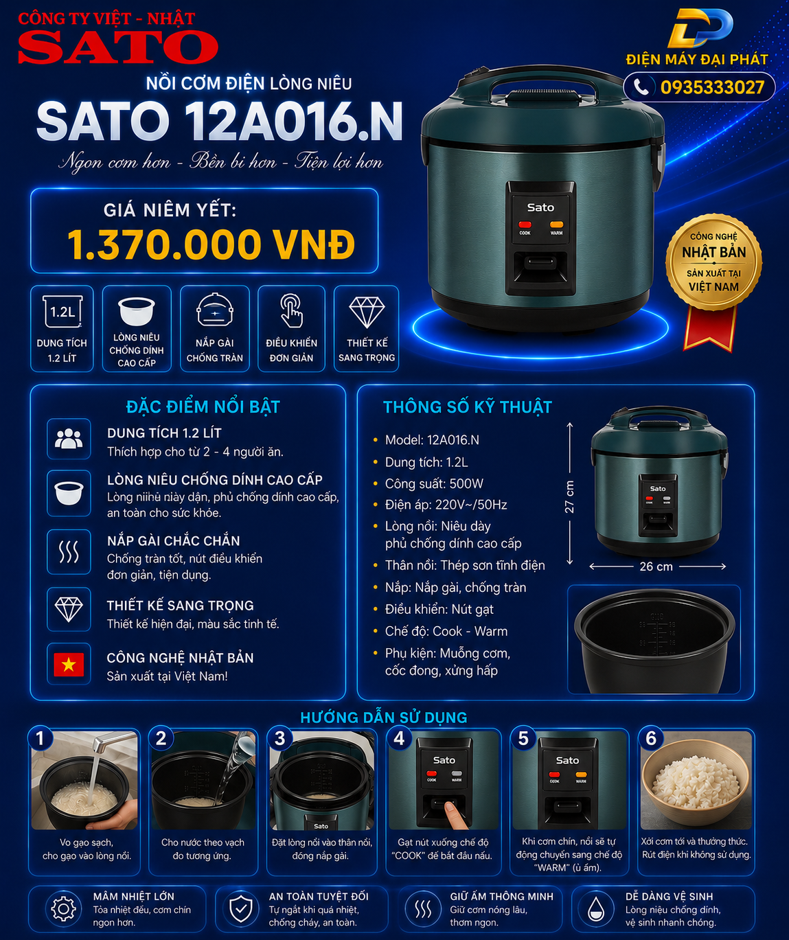 Nồi cơm điện lòng niêu SATO 12A016.N