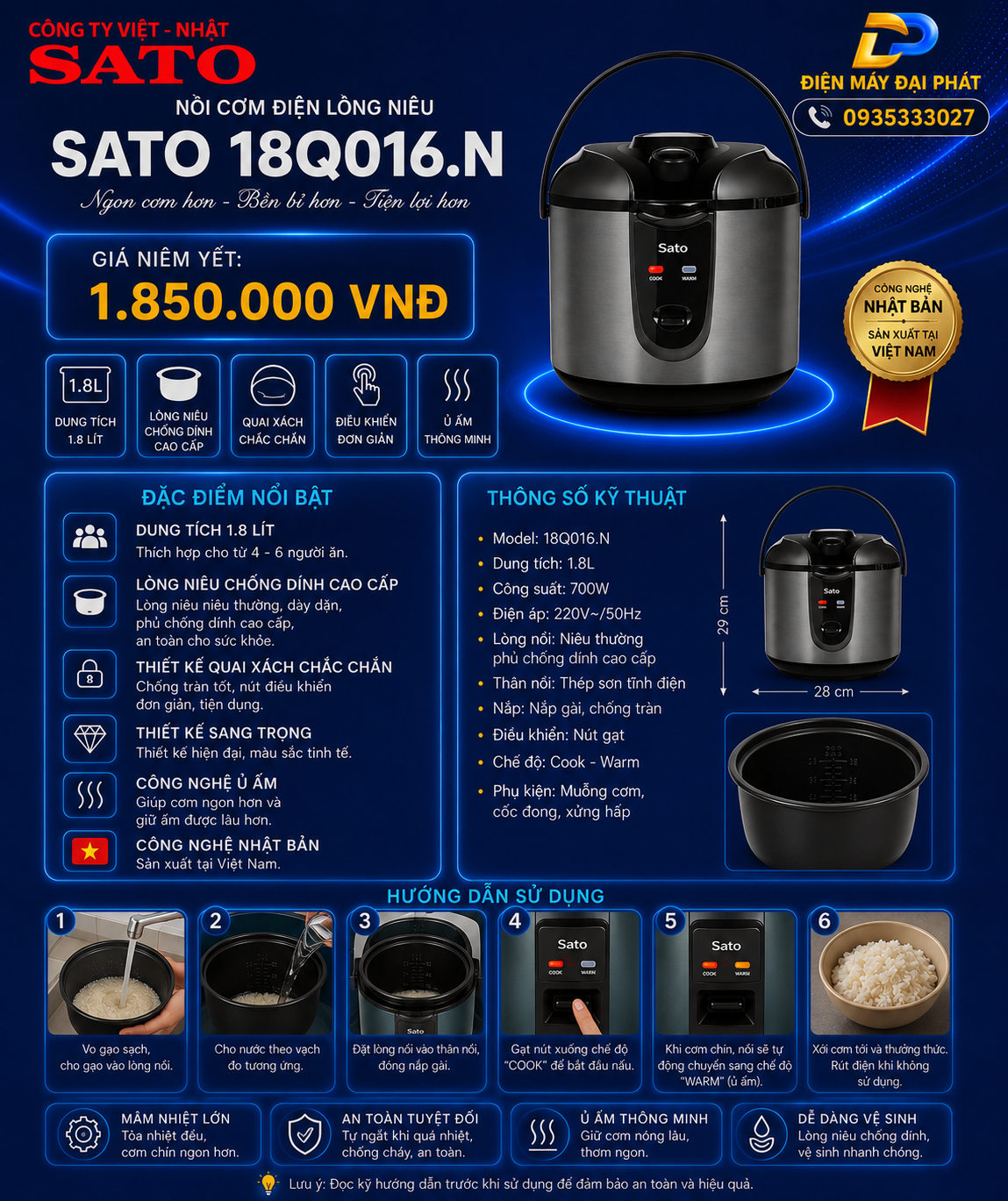 Nồi cơm điện lòng niêu SATO 18Q016.N