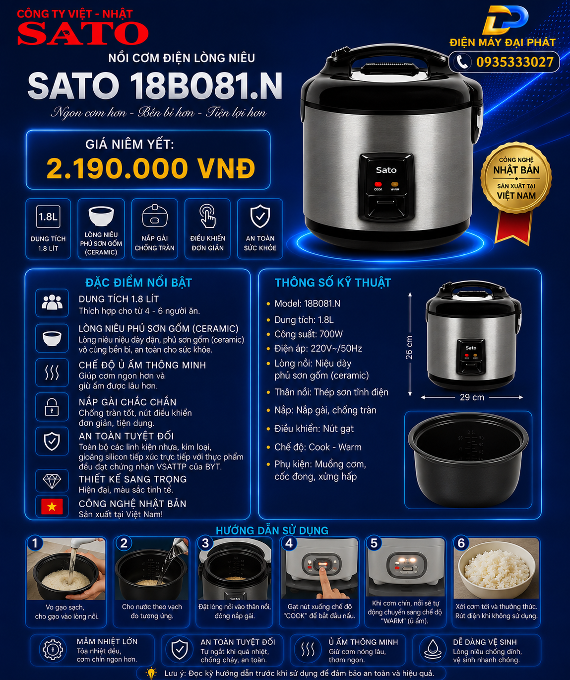 Nồi cơm điện lòng niêu SATO 18B081.N